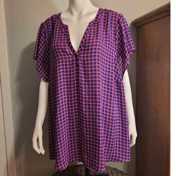 Torrid Plaid V Neck Short Sleeve Tunic Top Womens Plus Size 5X Blouse Oversized - Picture 1 of 12